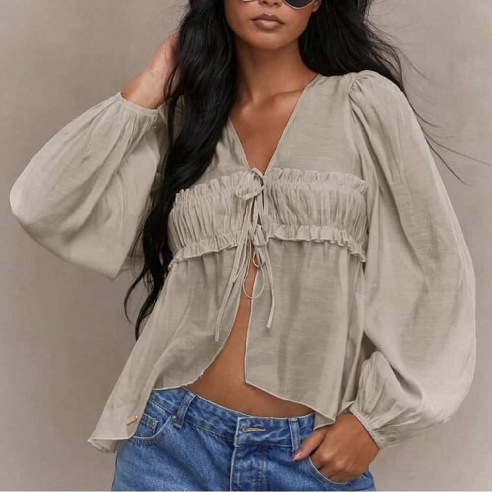 Missguided Sheer Ruched Bust Balloon Sleeves Blouse